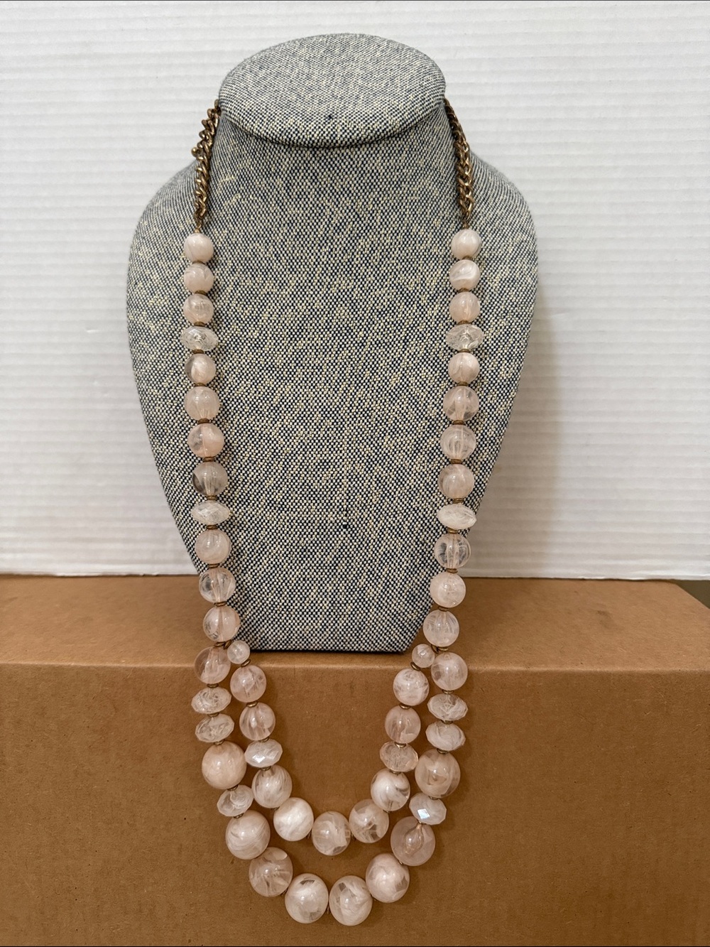 Chico’s Marbled Light Pink Acrylic Bead Statement Necklace, Multi-Strand Long